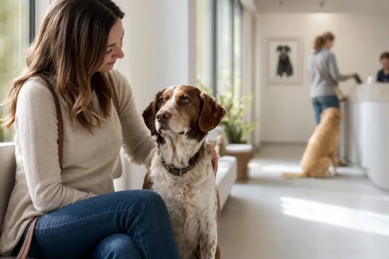 Ein Bretonischer Vorstehhund sitzt ruhig neben seinem Besitzer im hellen Wartezimmer einer modernen Tierarztpraxis.